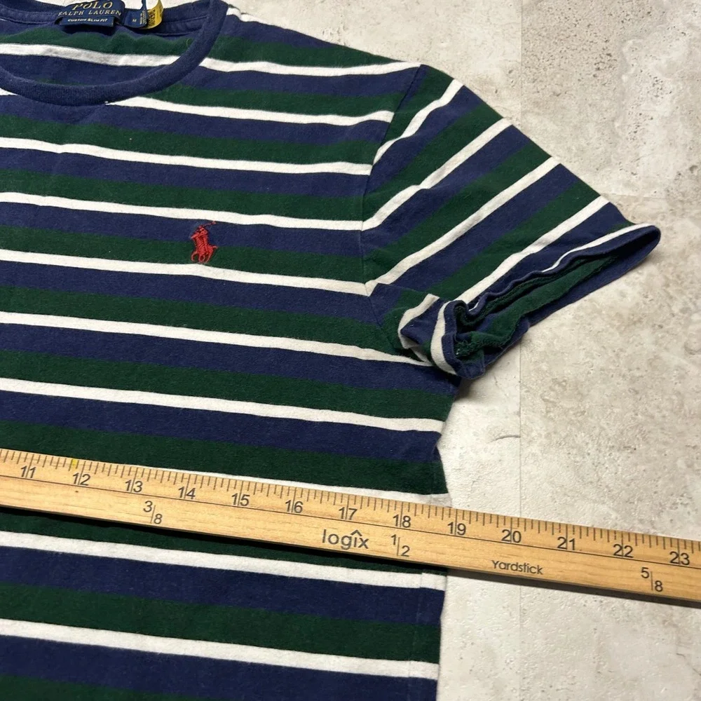Polo Ralph Lauren Striped T-Shirt Navy Green Mens Medium Custom Slim Fit 0512